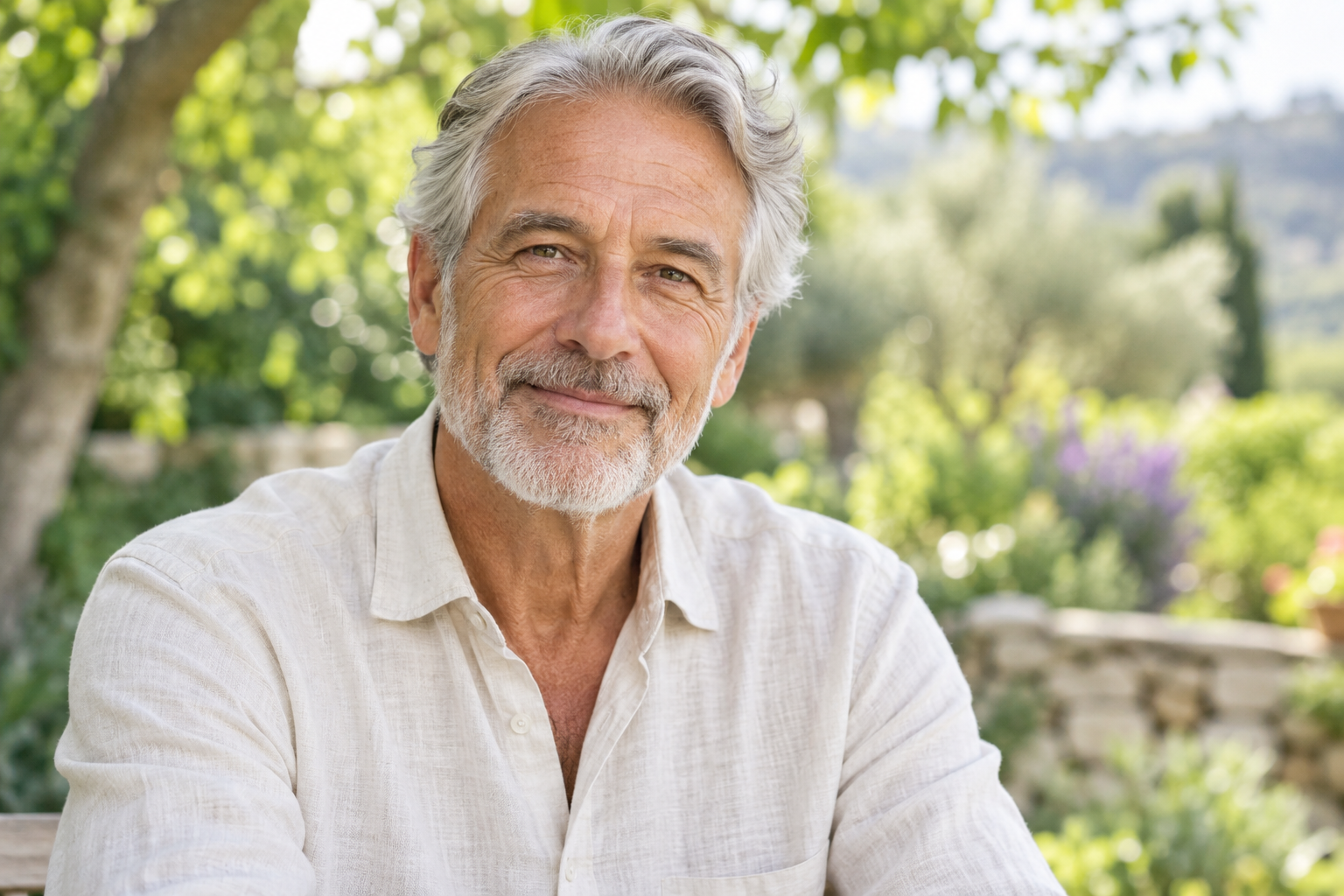 Déstress Express Portrait d’un homme aux cheveux gris, au regard calme et chaleureux, dans un jardin lumineux